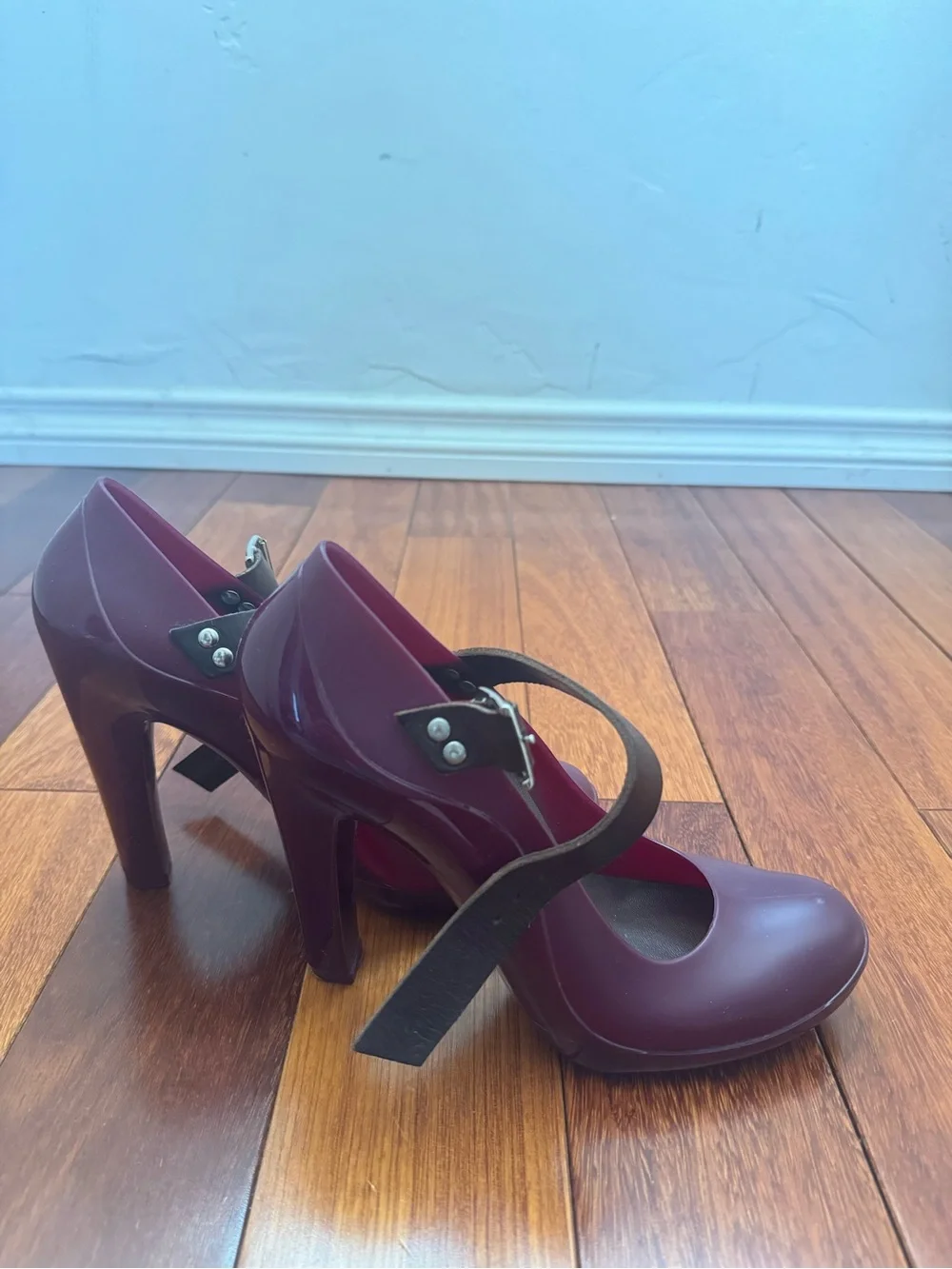 Marni Burgundy Mary Jane “Rain” Pumps with Brown Leather Buckle Strap